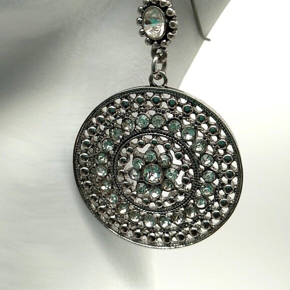 Circular Rhinestone Dangle Earrings Filigree Silver-tone Metal - Picture 9 of 9